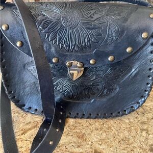 Handmade Black Embossed Leather Shoulder Bag